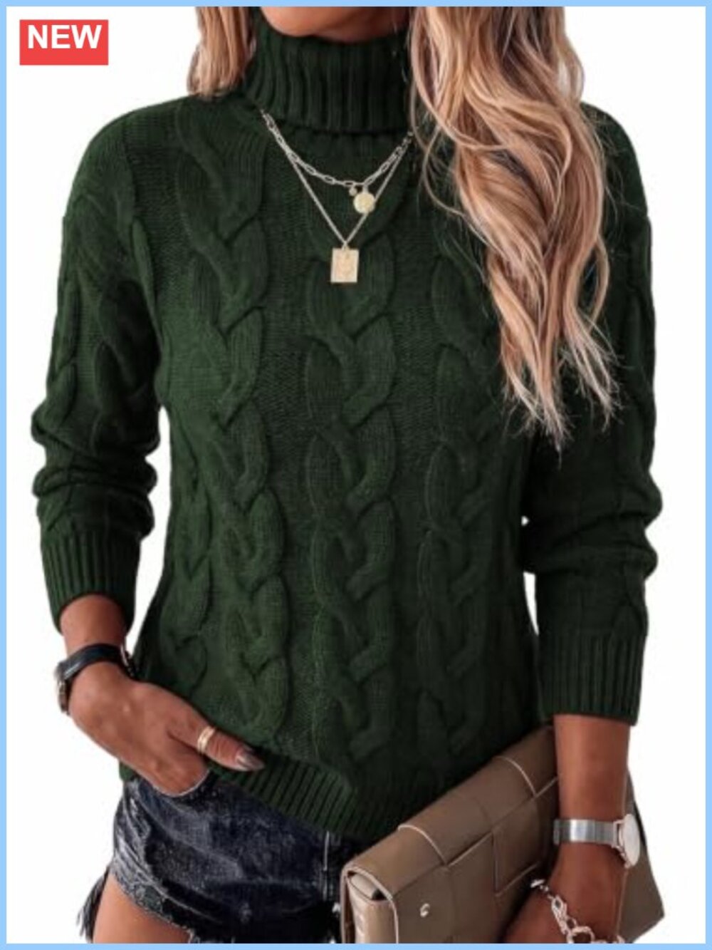 Women's Cable Knit Turtleneck Sweater Pullover Loose Fit Fall Winter